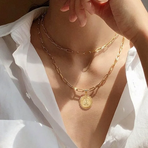 Chic 14K Gold Plated 2 Side Layered Chain Necklace with Medallion Letter R New